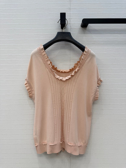 HM Short-Sleeve Sweater With Ruffled Details Beige Modal Nylon