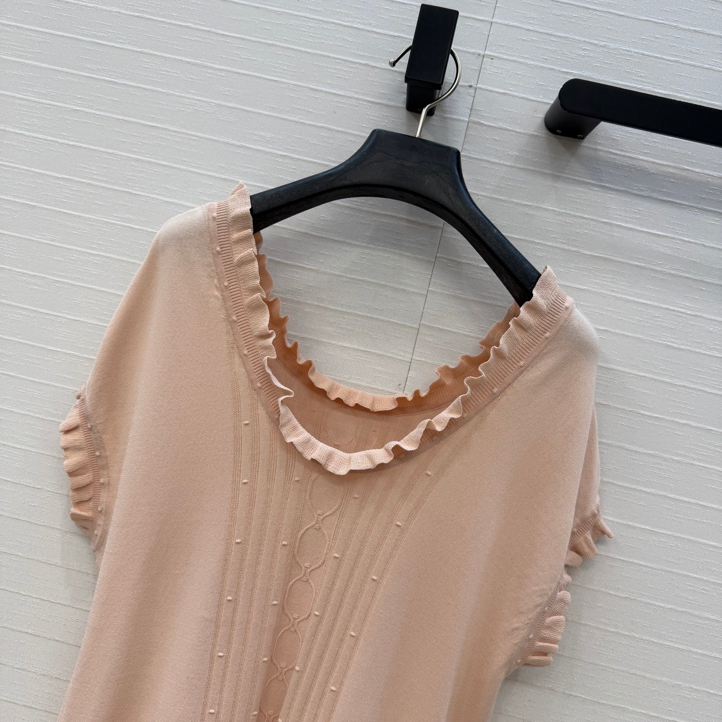 HM Short-Sleeve Sweater With Ruffled Details Beige Modal Nylon