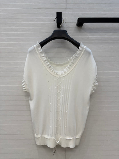 HM Short-Sleeve Sweater With Ruffled Details White Modal Nylon