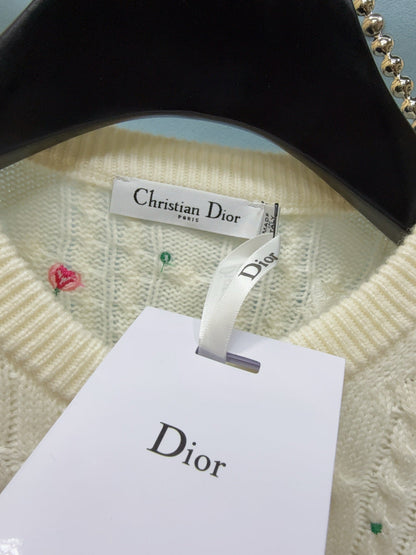 CD SS26 Set Dioramour Embroidered Cardigan Short-Sleeved Sweater Ecru Cashmere 351370