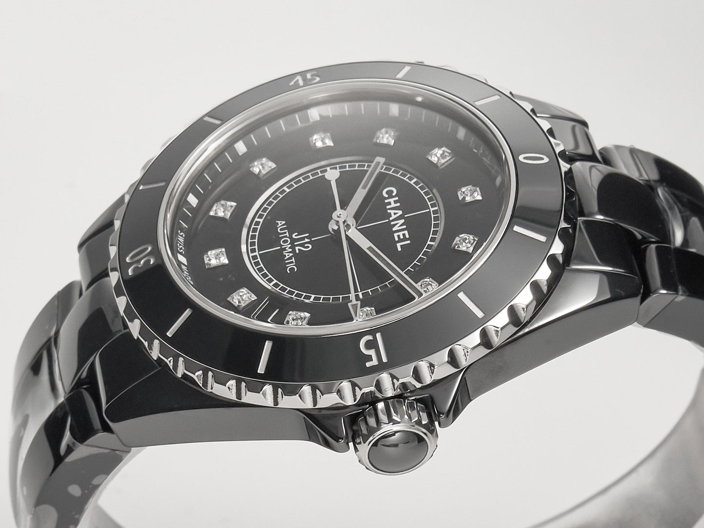 J12 Date Automatic Black Ceramic Diamond Numerals Black Dial Black Steel Hands