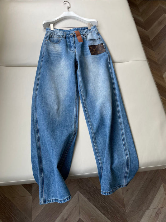 LV Flower Leather Label Straight Jeans Blue Cotton