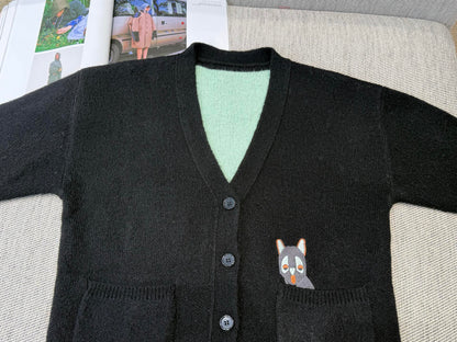 Loewe 2025 V-Neck Button-Up Cardigan Black Mix Colors Wool 331646