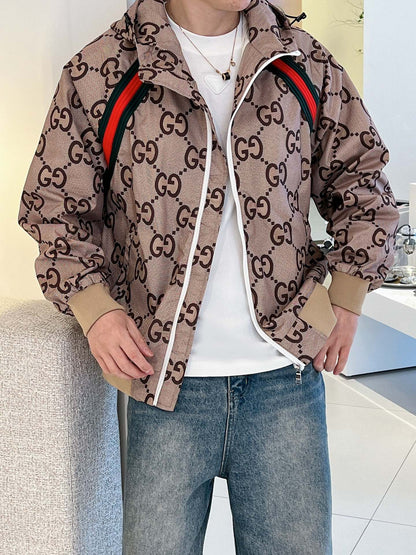 Gucci Men’s Zip Jacket With Web Beige Brown Cotton Technical Fabric