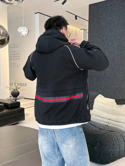 Gucci Men’s Water-Repellent Windbreaker Jacket Black White Nylon Fabric