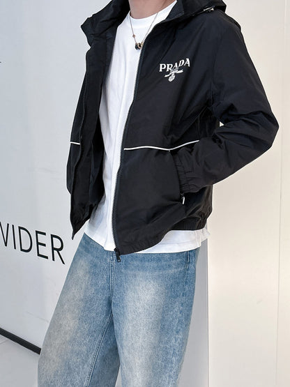 Prada Men’s Windbreaker Jacket Black Nylon Fabric