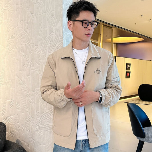 Prada Men’s Triangle-Logo Zip-Up Jacket Beige Nylon Fabric