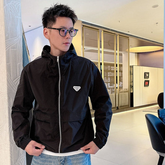 Prada Men’s Logo-Plaque Hooded Windbreaker Black Nylon