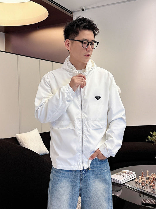 Prada Men’s Logo-Plaque Hooded Windbreaker White Nylon