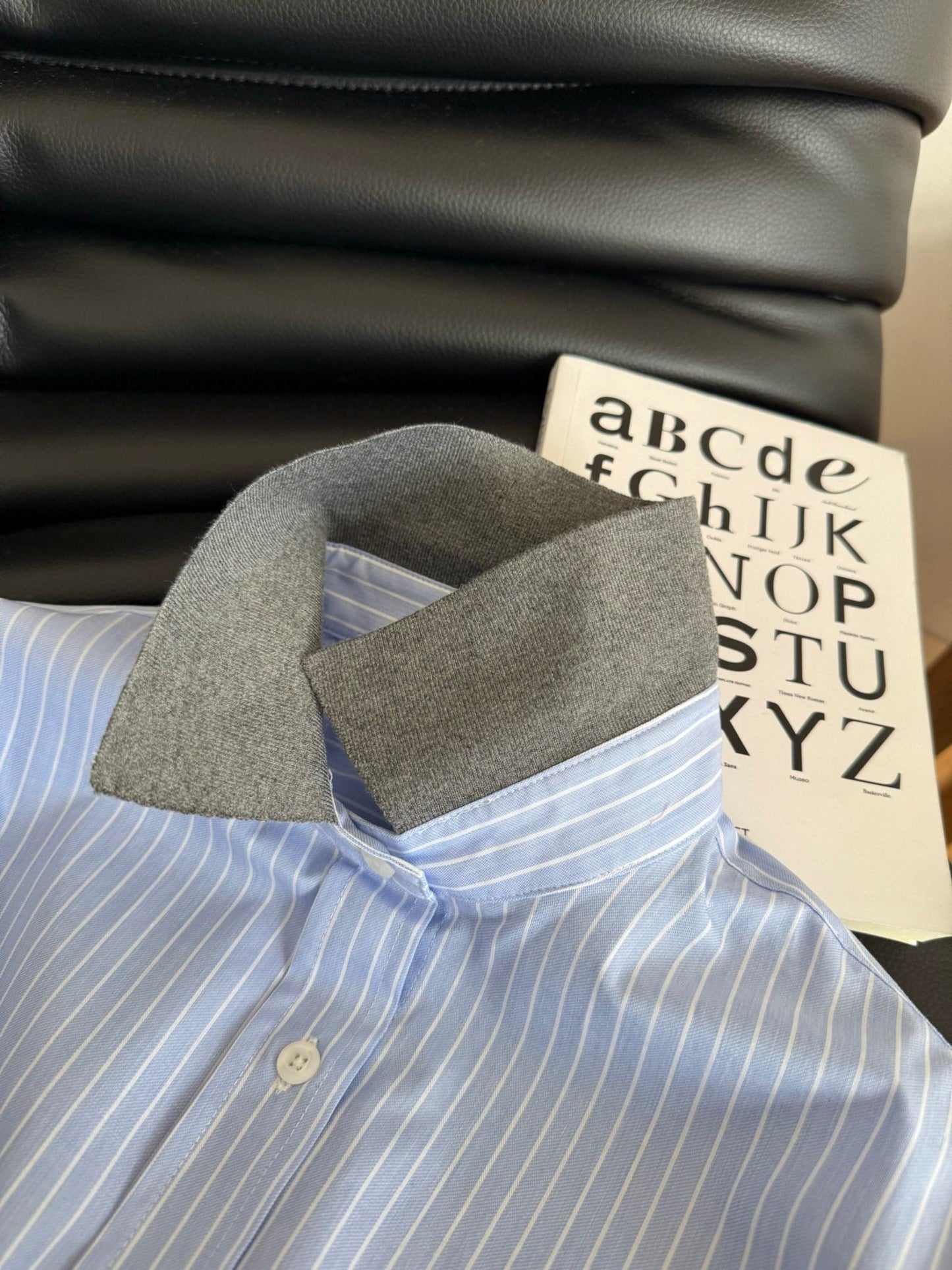 Miu Miu 25 Knitted Collar Patchwork Striped Shirt Blue Gray Cotton