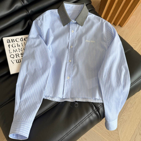 Miu Miu 25 Knitted Collar Patchwork Striped Shirt Blue Gray Cotton