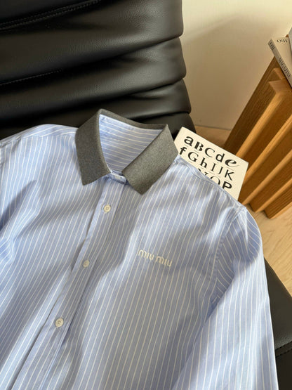 Miu Miu 25 Knitted Collar Patchwork Striped Shirt Blue Gray Cotton