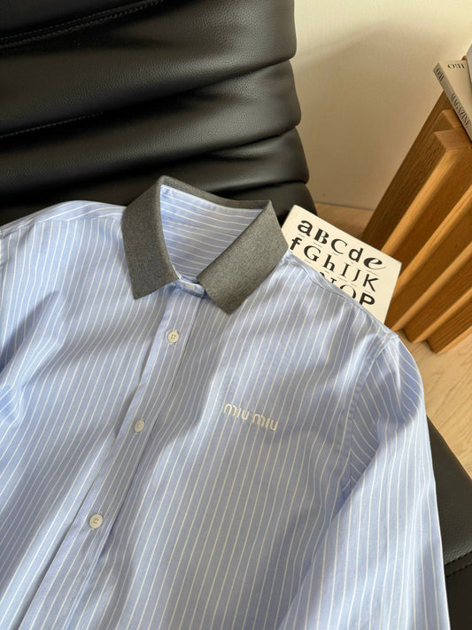 Miu Miu 25 Knitted Collar Patchwork Striped Shirt Blue Gray Cotton