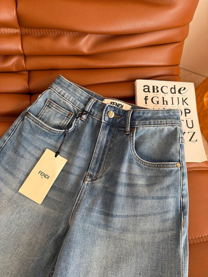 Fendi 25 Colorful Yarn Embroidered Letter Jeans Blue Cotton
