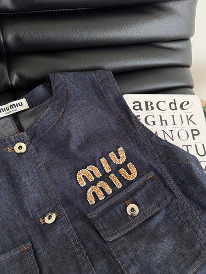 Miu Miu Beaded Letters Decorated Denim Suit Dark Blue Cotton