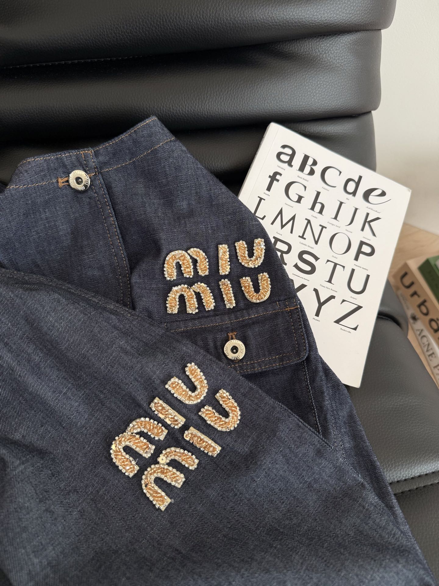 Miu Miu Beaded Letters Decorated Denim Suit Dark Blue Cotton