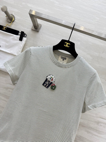 CC Beaded T-shirt Gray White Cotton