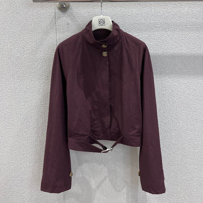 Loewe 25 Stand Collar Short Trench Coat Burgundy Red Cotton Nylon 224272