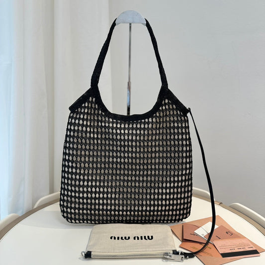 Miu Miu Shoulder Bag 34cm Black Raffia Canvas