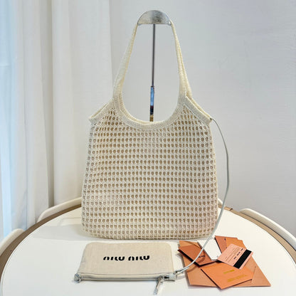 Miu Miu Shoulder Bag 34cm White Raffia Canvas