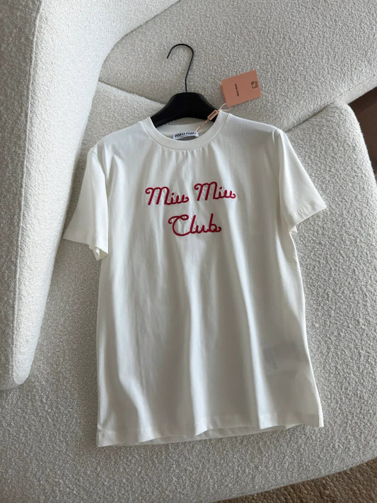 Miumiu 2026 Embroidered Short-Sleeve Tee White and Gray Cotton 810778