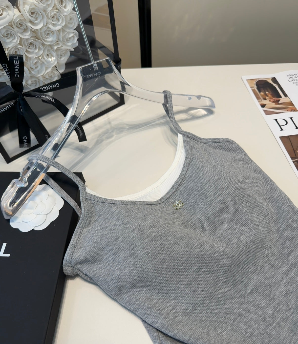 Chanel Rib-Knit Tank Top Dark Grey Cotton Polyamide 185829