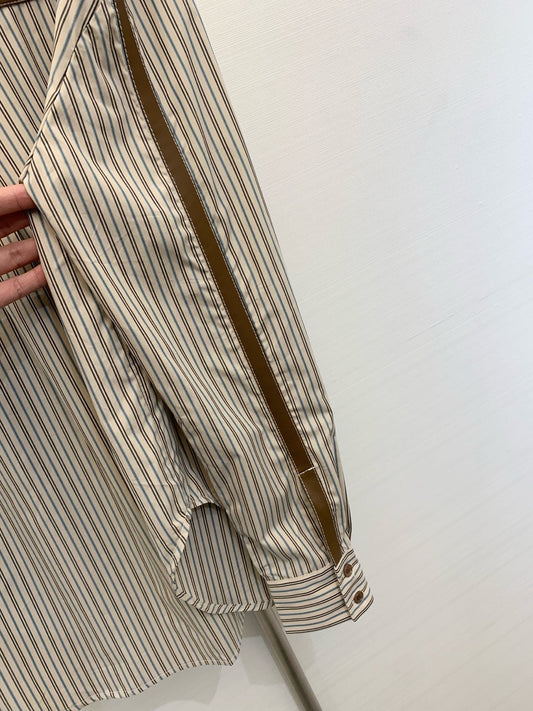Miu Miu 25 Embroidered Striped Shirt Beige Brown Cotton