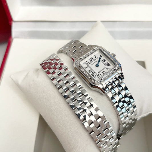 Panthere 22mm Silver Diamond Bezel Double Chain 44cm
