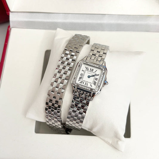 Panthere 22mm Silver Diamond Bezel Double Chain 44cm