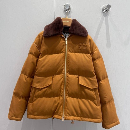 Miu Miu Collar Down jacket Camel Brown Polyester Fiber