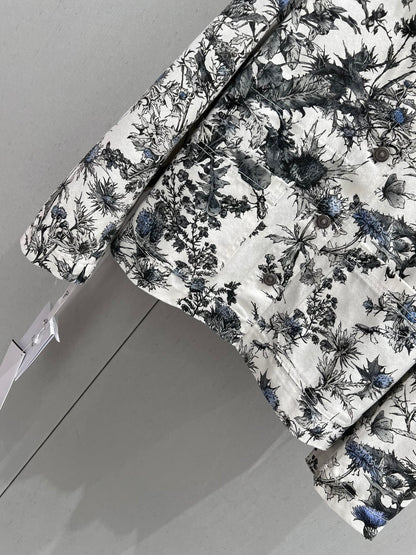 CD 25 Plant Flower Print Denim Jacket White Gray Cotton 205152