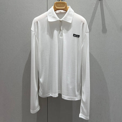 Miu Miu Ribbed Knitted Long-sleeved Polo Shirt White Cotton 208569