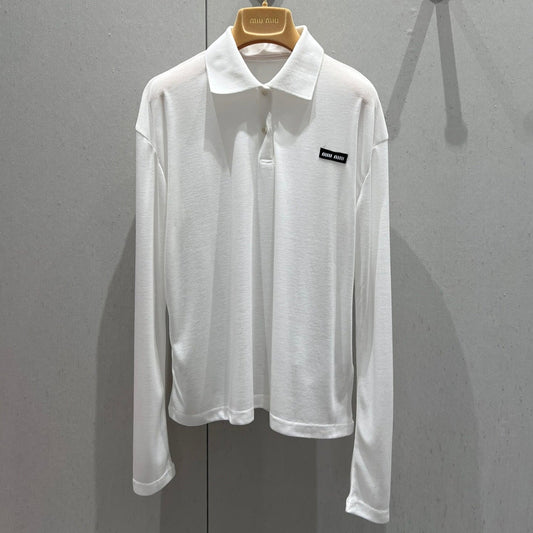 Miu Miu Ribbed Knitted Long-sleeved Polo Shirt White Cotton 208569