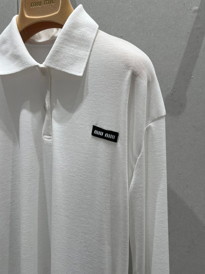 Miu Miu Ribbed Knitted Long-sleeved Polo Shirt White Cotton 208569