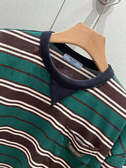 Prada 25 Striped Short-sleeved T-shirt Green Brown cotton210189