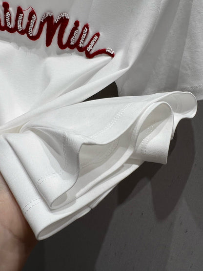 Miu Miu 25 Beaded Short Sleeve T-shirt White Red Cotton 210556