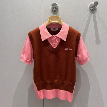 Miu Miu 25 Two-piece Vest Polo short-sleeved Knitted Top Pink Brown Wool 210563