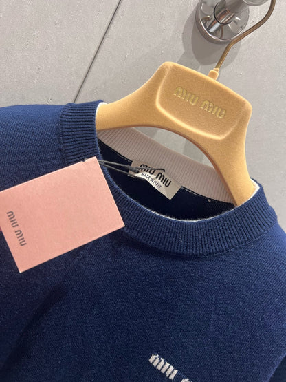 Miu Miu 25 Two-piece Knitted Short-sleeved Top Blue White Wool 210549
