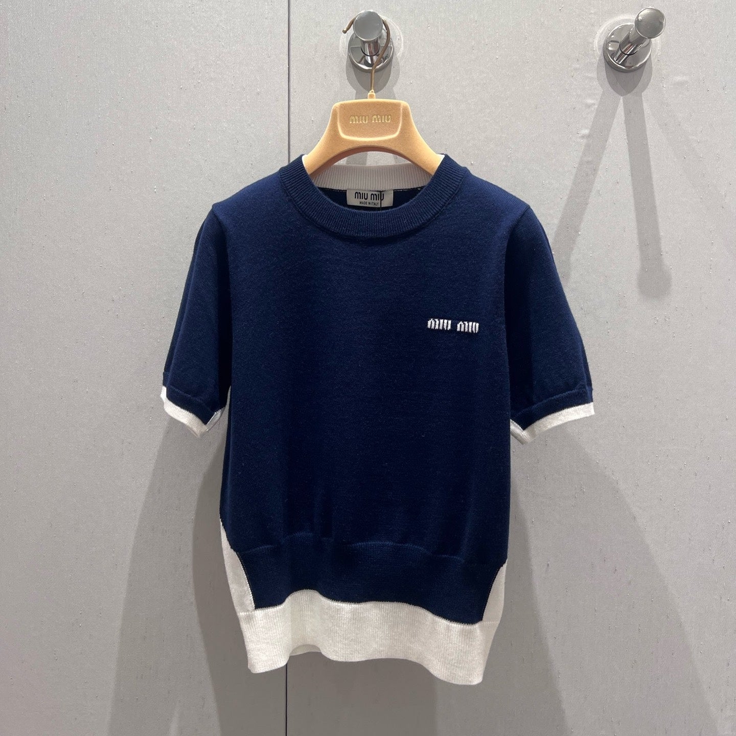 Miu Miu 25 Two-piece Knitted Short-sleeved Top Blue White Wool 210549