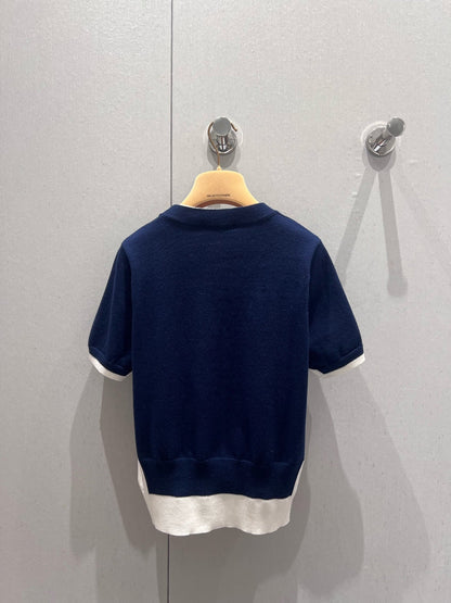 Miu Miu 25 Two-piece Knitted Short-sleeved Top Blue White Wool 210549