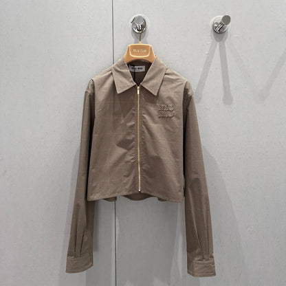 Miu Miu 25 Plaid Lapel Zipper Shirt Brown Cotton 211152