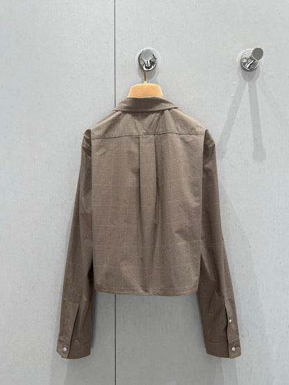 Miu Miu 25 Plaid Lapel Zipper Shirt Brown Cotton 211152