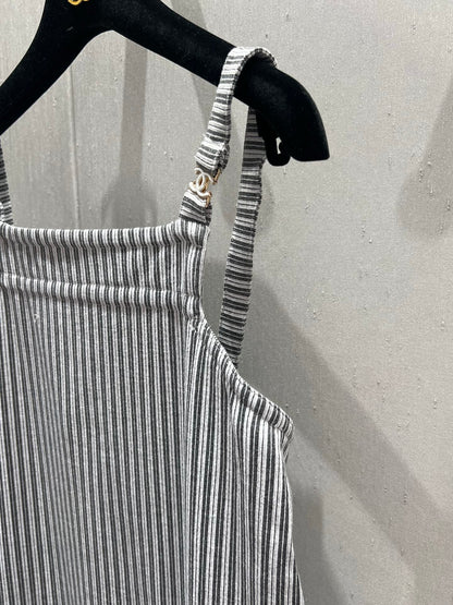 CC 25 Striped Suspender Skirt Gray White Cotton