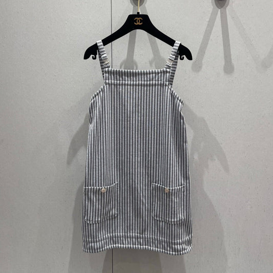 CC 25 Striped Suspender Skirt Gray White Cotton