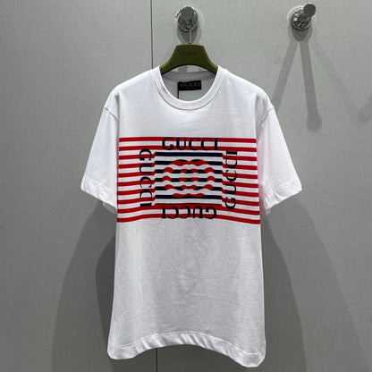 Gucci 25 Striped Logo Print Short-sleeved T-shirt White Red Cotton