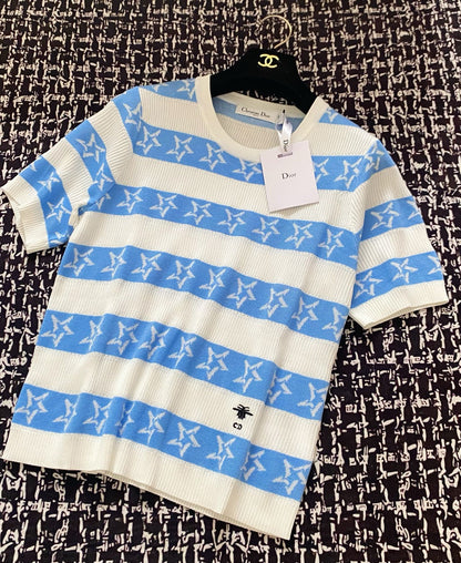 CD 2025 Striped Short-sleeved T-shirt Blue White tencel 606659