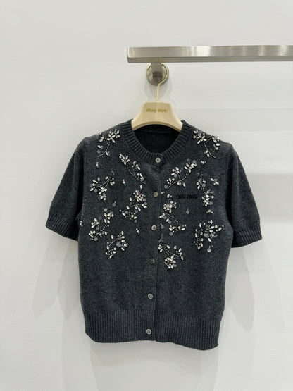 Miu Embroidered Cashmere Short Sleeve Cardigan 229364