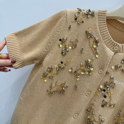 Miu Embroidered Cashmere Short Sleeve Cardigan 229364