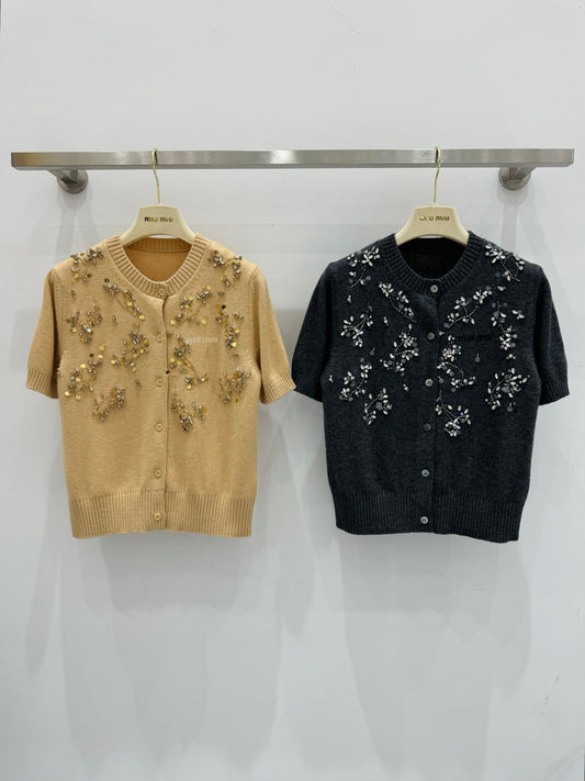 Miu Embroidered Cashmere Short Sleeve Cardigan 229364