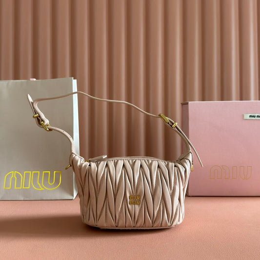 Miu Matelassé Pouch Bag 15cm Apricot Leather